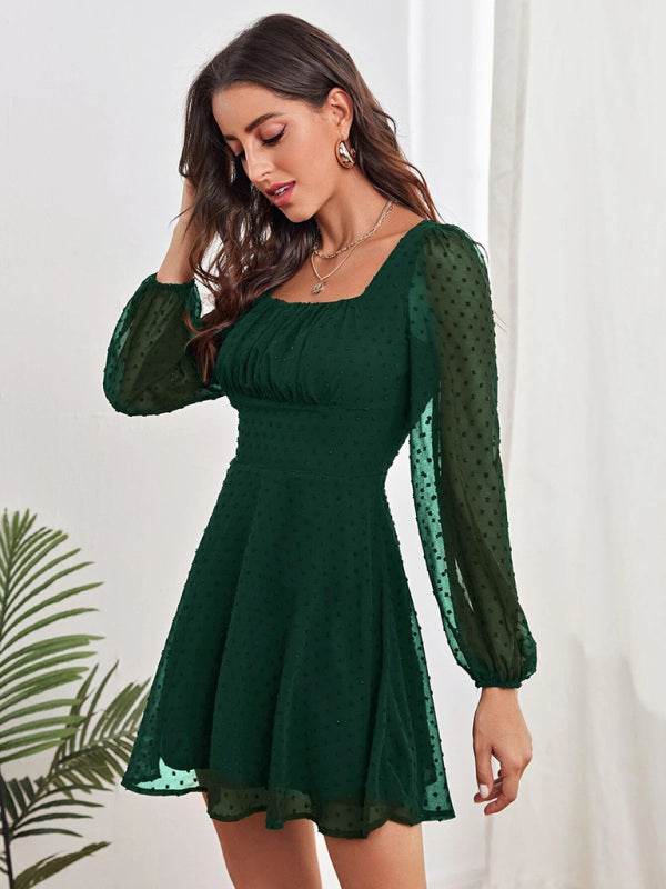Elegant Chiffon Jacquard Long Sleeve Dress – High Waist & Lantern Sleeves