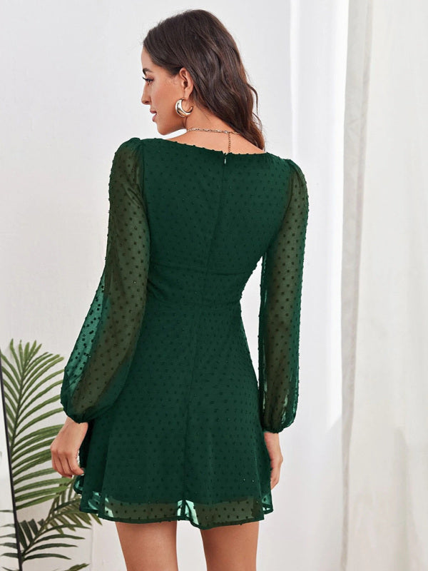 Elegant Chiffon Jacquard Long Sleeve Dress – High Waist & Lantern Sleeves