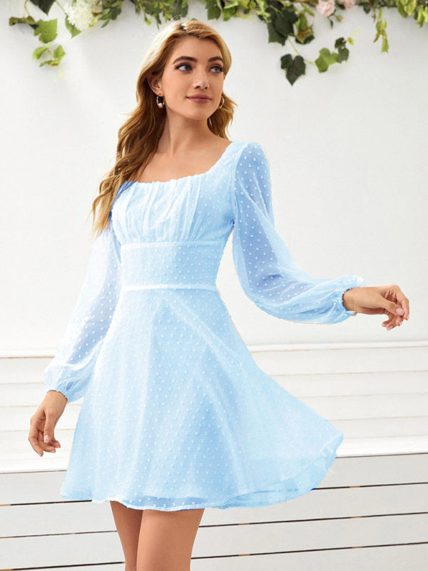 Elegant Chiffon Jacquard Long Sleeve Dress – High Waist & Lantern Sleeves