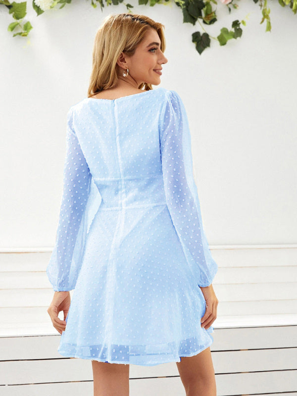 Elegant Chiffon Jacquard Long Sleeve Dress – High Waist & Lantern Sleeves