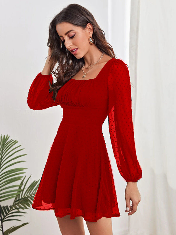 Elegant Chiffon Jacquard Long Sleeve Dress – High Waist & Lantern Sleeves