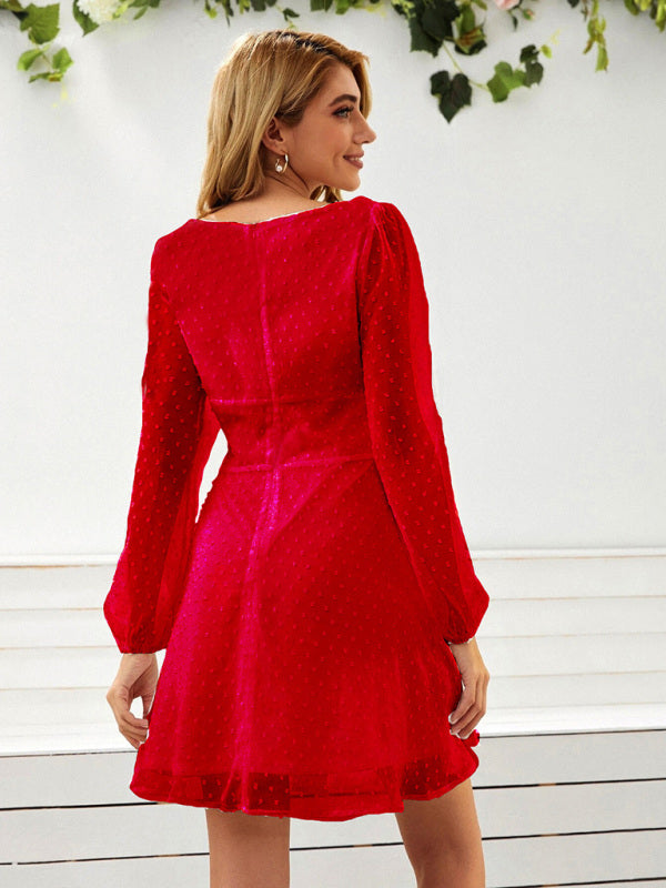 Elegant Chiffon Jacquard Long Sleeve Dress – High Waist & Lantern Sleeves