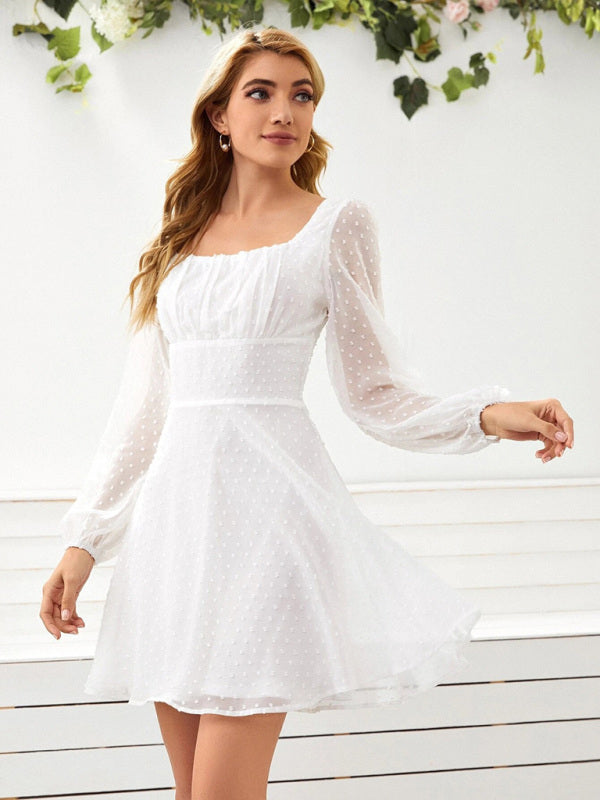 Elegant Chiffon Jacquard Long Sleeve Dress – High Waist & Lantern Sleeves