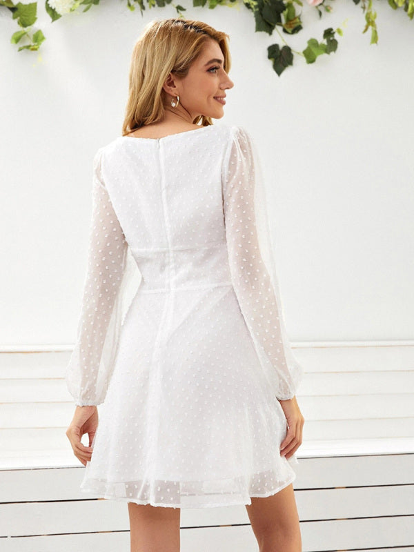 Elegant Chiffon Jacquard Long Sleeve Dress – High Waist & Lantern Sleeves