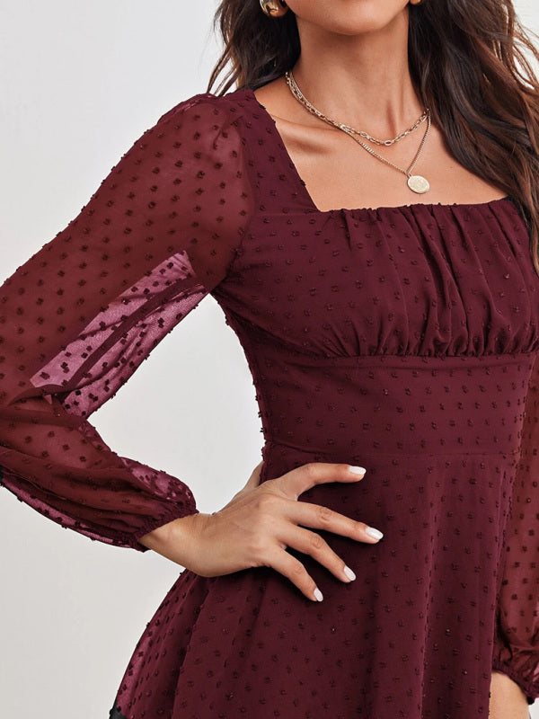 Elegant Chiffon Jacquard Long Sleeve Dress – High Waist & Lantern Sleeves