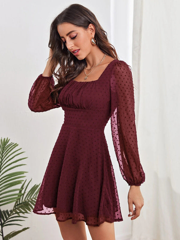 Elegant Chiffon Jacquard Long Sleeve Dress – High Waist & Lantern Sleeves