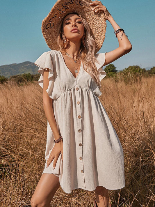 Women's V-Neck Button-Up A-Line Dress with Ruffle Sleeves – Lightweight Cotton