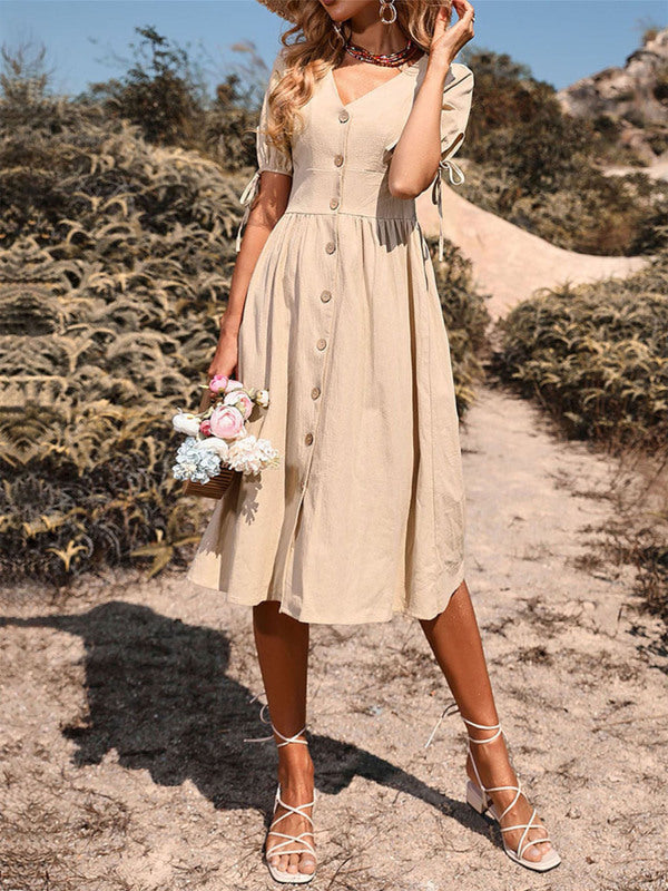 Woven V-Neck A-Line Short Sleeve Dress – Button Front, High Waist