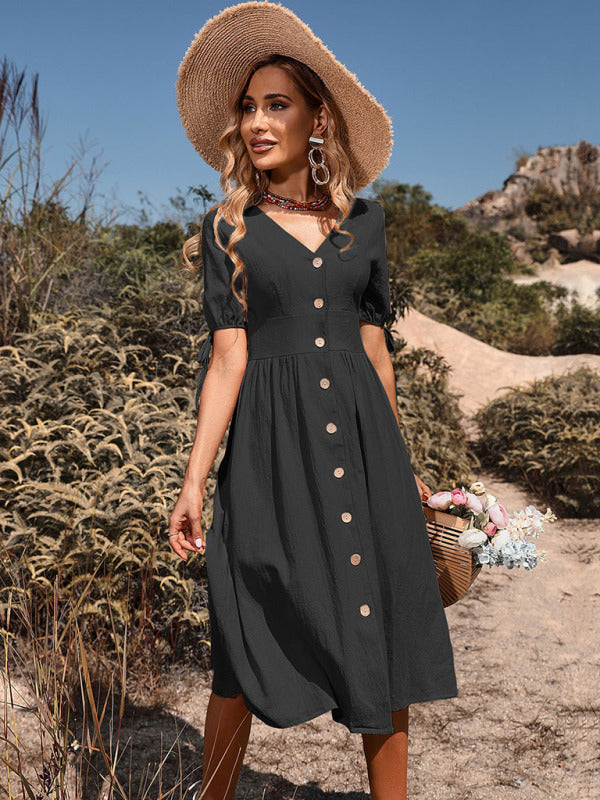 Woven V-Neck A-Line Short Sleeve Dress – Button Front, High Waist