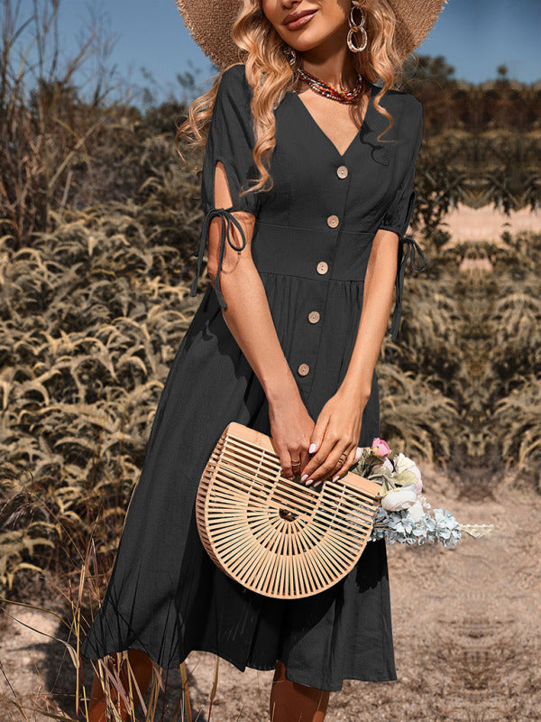 Woven V-Neck A-Line Short Sleeve Dress – Button Front, High Waist