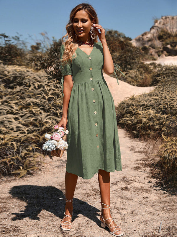Woven V-Neck A-Line Short Sleeve Dress – Button Front, High Waist