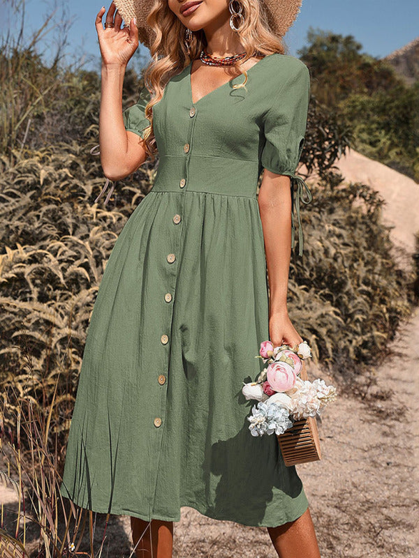 Woven V-Neck A-Line Short Sleeve Dress – Button Front, High Waist