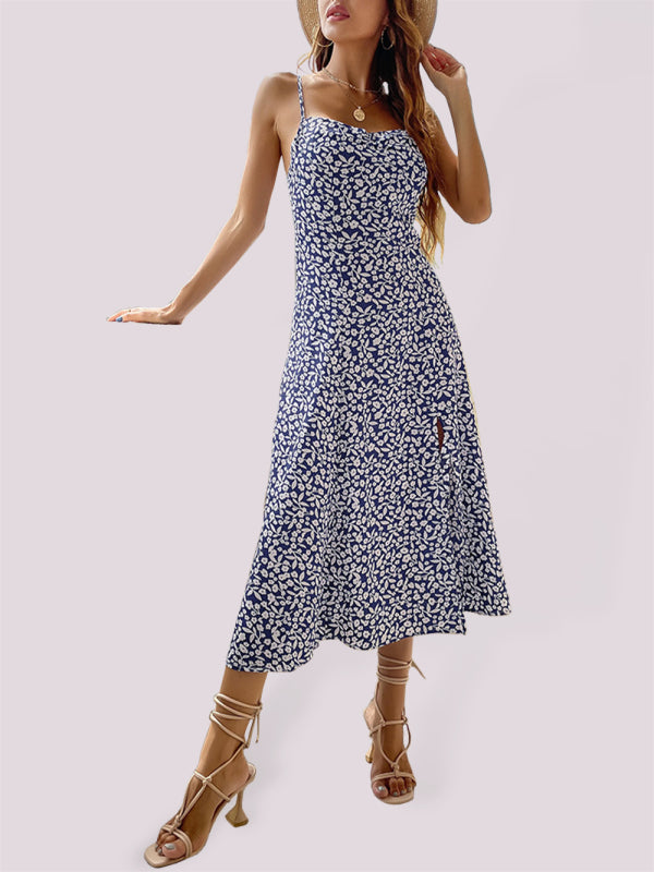 Floral Slim-Fit Suspender Maxi Dress – Side Slit, Sleeveless Summer Style