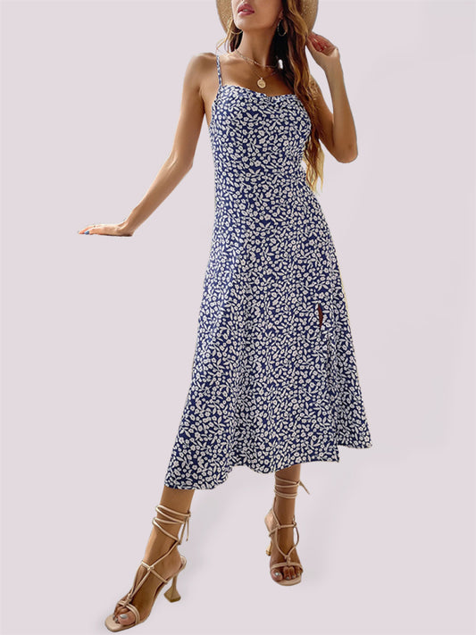 Floral Slim-Fit Suspender Maxi Dress – Side Slit, Sleeveless Summer Style