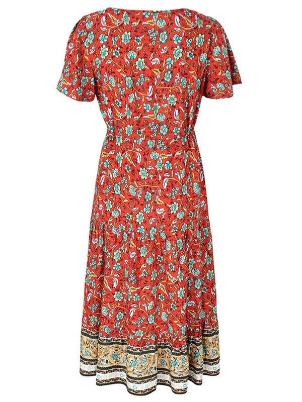 Slim-Fit Floral V-Neck Button-Down Midi Dress – Short Sleeves, Cotton Blend