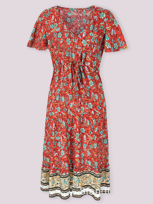 Slim-Fit Floral V-Neck Button-Down Midi Dress – Short Sleeves, Cotton Blend