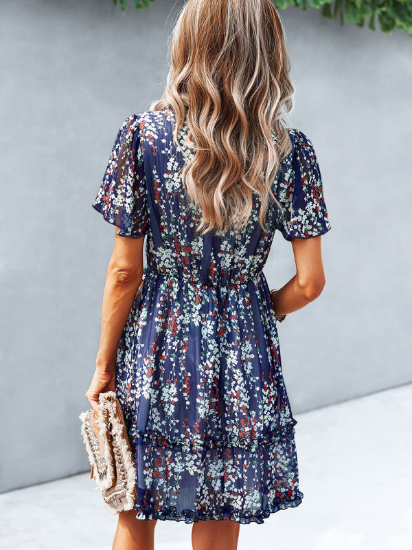 V-Neck Printed Short Dress – Lightweight Woven Fabric for Spring & Summer