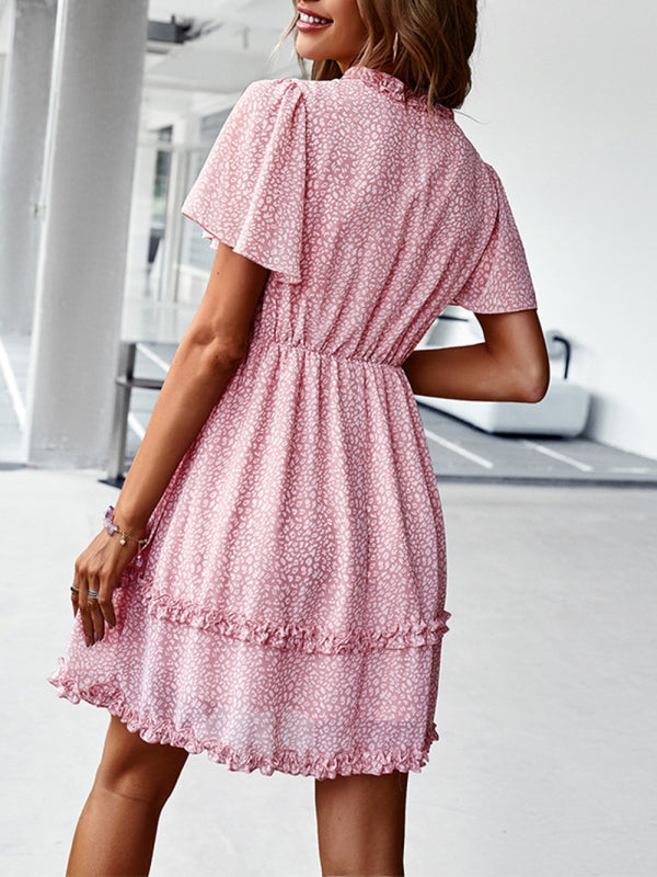 V-Neck Printed Short Dress – Lightweight Woven Fabric for Spring & Summer