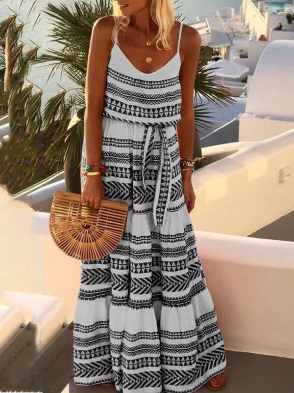Bohemian Deep V-Neck Printed Maxi Sundress – Sleeveless, Flowy Fit