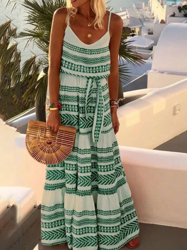 Bohemian Deep V-Neck Printed Maxi Sundress – Sleeveless, Flowy Fit
