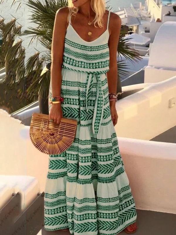 Bohemian Deep V-Neck Printed Maxi Sundress – Sleeveless, Flowy Fit