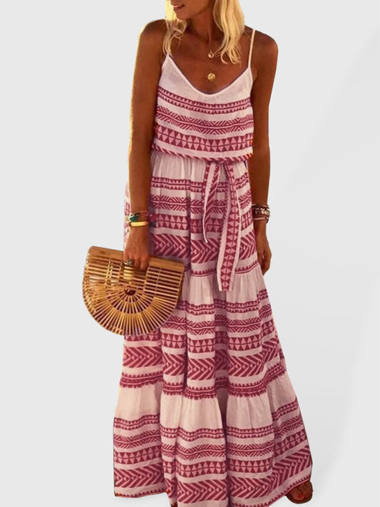 Bohemian Deep V-Neck Printed Maxi Sundress – Sleeveless, Flowy Fit