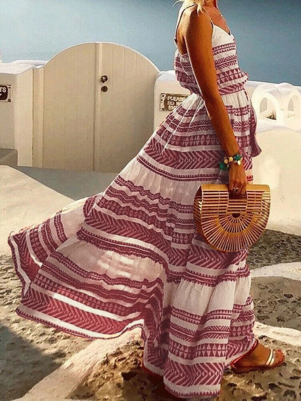 Bohemian Deep V-Neck Printed Maxi Sundress – Sleeveless, Flowy Fit