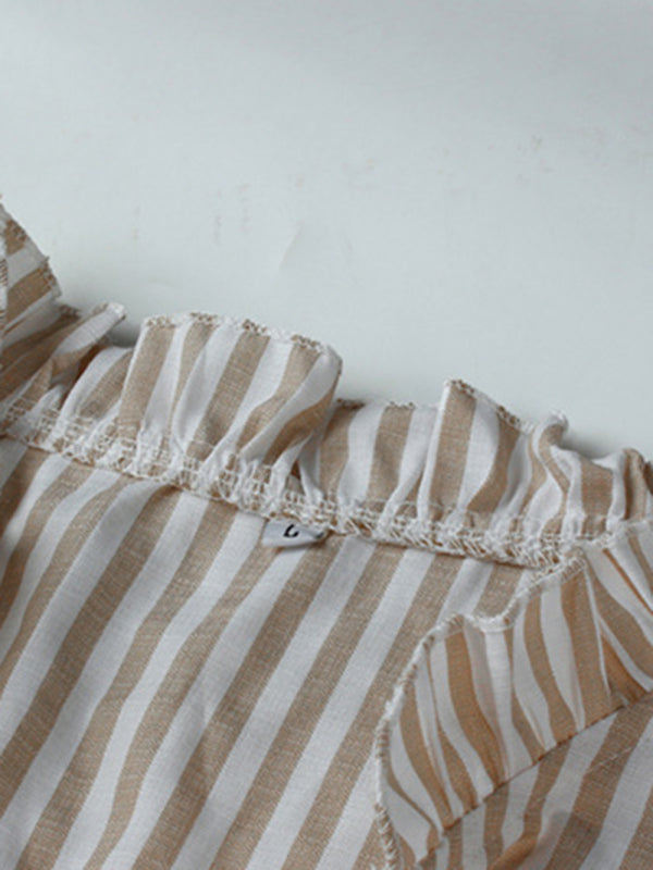 Striped V-Neck Puff Sleeve Dress – Waist Tie & Casual Fit