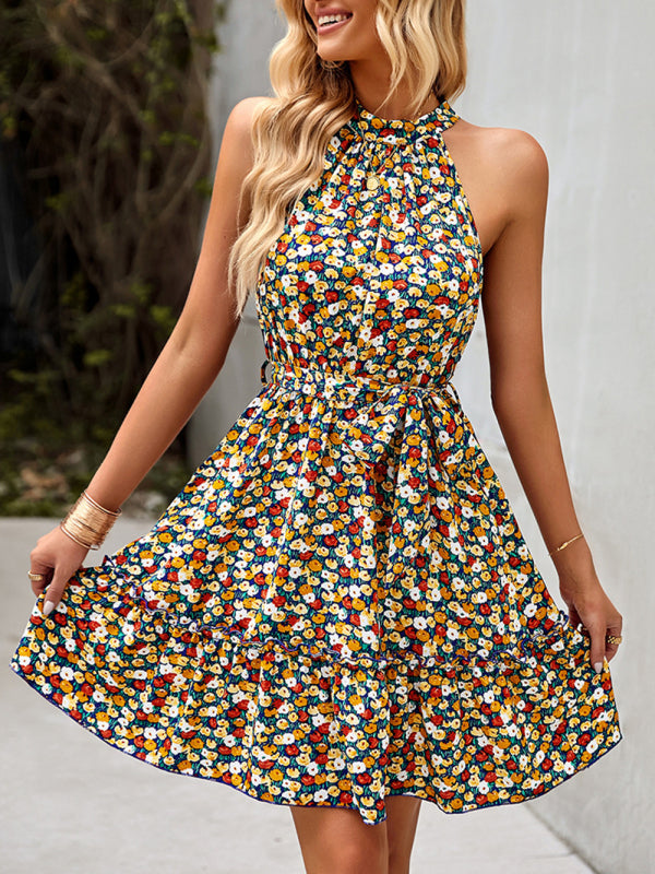Halter Neck Printed Swing Dress – Sleeveless Boho Style for Resort Wear