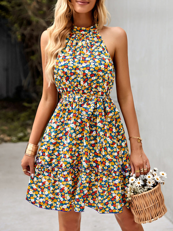 Halter Neck Printed Swing Dress – Sleeveless Boho Style for Resort Wear