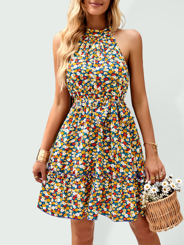 Halter Neck Printed Swing Dress – Sleeveless Boho Style for Resort Wear