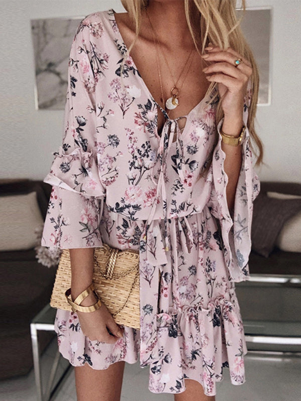 Floral Slimming Chiffon Midi Dress – Pink V-Neck Pullover with 3/4 Sleeves