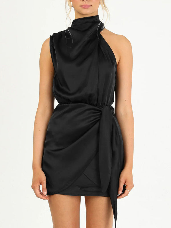 Satin Halter Neck Mini Dress – Slim-Fit Woven Sleeveless Party Look