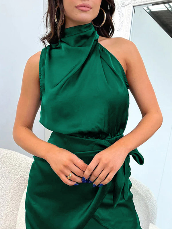 Satin Halter Neck Mini Dress – Slim-Fit Woven Sleeveless Party Look