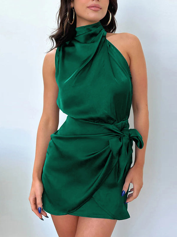 Satin Halter Neck Mini Dress – Slim-Fit Woven Sleeveless Party Look