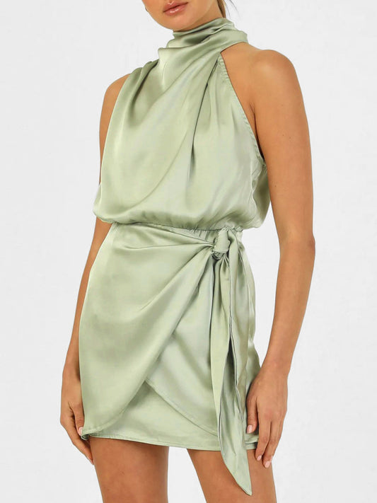 Satin Halter Neck Mini Dress – Slim-Fit Woven Sleeveless Party Look
