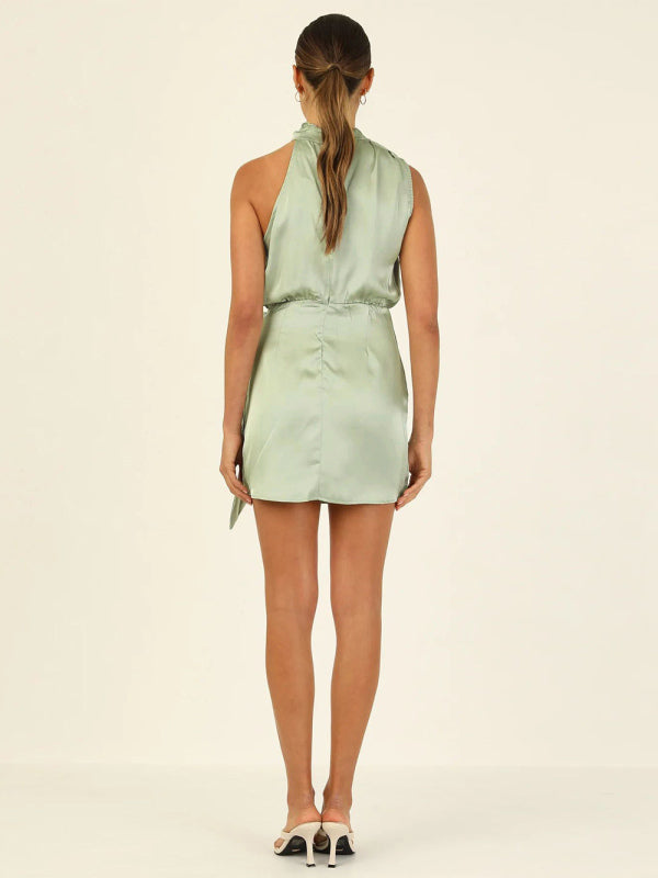 Satin Halter Neck Mini Dress – Slim-Fit Woven Sleeveless Party Look