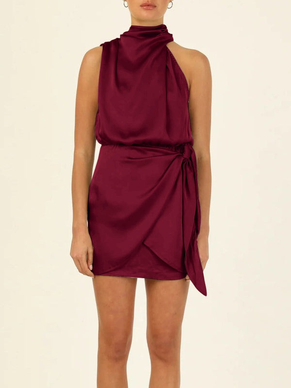 Satin Halter Neck Mini Dress – Slim-Fit Woven Sleeveless Party Look