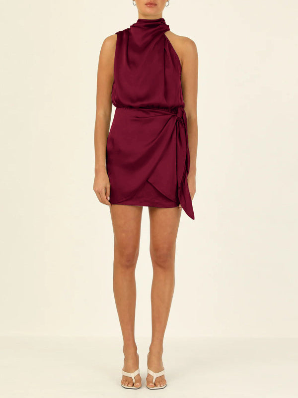 Satin Halter Neck Mini Dress – Slim-Fit Woven Sleeveless Party Look