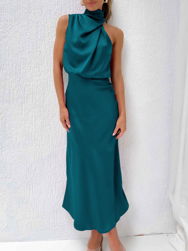 Woven Halter Satin Strap Mid-Length Dress – Slim Fit, Elegant Summer Style