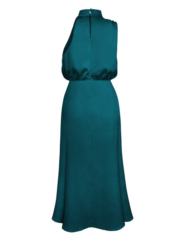 Woven Halter Satin Strap Mid-Length Dress – Slim Fit, Elegant Summer Style