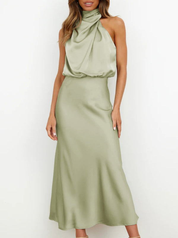 Woven Halter Satin Strap Mid-Length Dress – Slim Fit, Elegant Summer Style