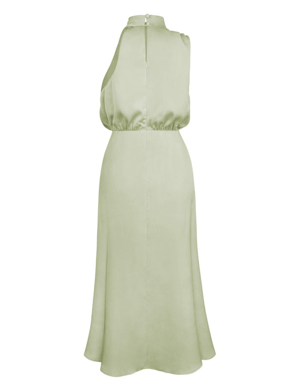 Woven Halter Satin Strap Mid-Length Dress – Slim Fit, Elegant Summer Style
