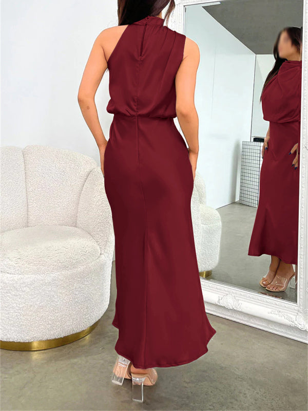 Woven Halter Satin Strap Mid-Length Dress – Slim Fit, Elegant Summer Style