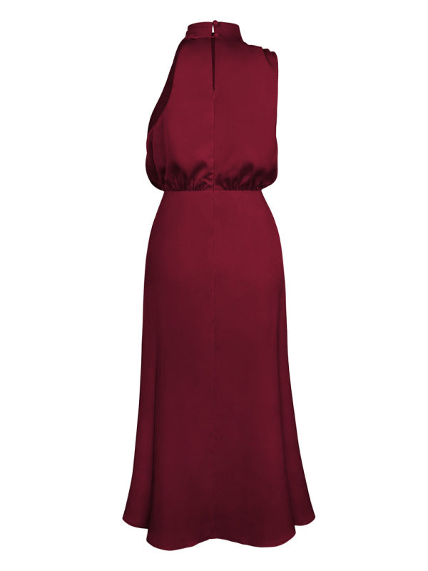 Woven Halter Satin Strap Mid-Length Dress – Slim Fit, Elegant Summer Style