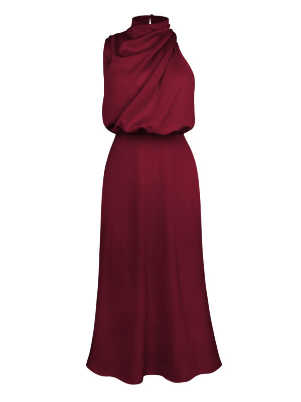 Woven Halter Satin Strap Mid-Length Dress – Slim Fit, Elegant Summer Style