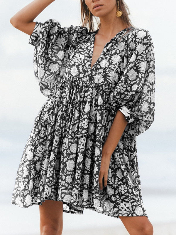 Floral Woven Loose Boho Dress – V-Neck with Lantern Sleeves & String Tie