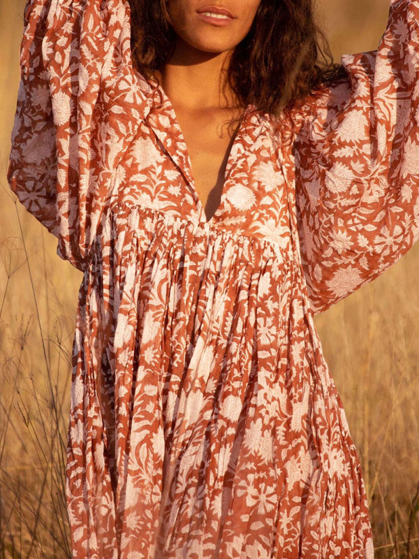 Floral Woven Loose Boho Dress – V-Neck with Lantern Sleeves & String Tie