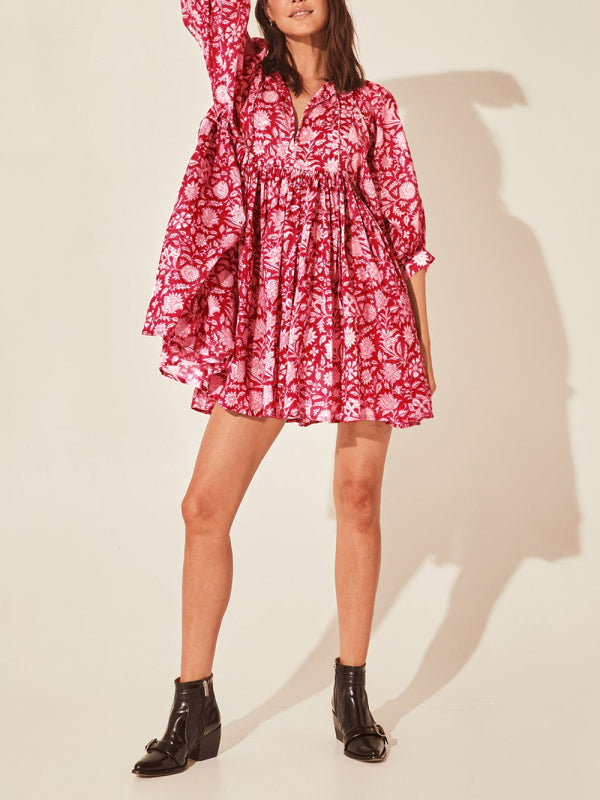Floral Woven Loose Boho Dress – V-Neck with Lantern Sleeves & String Tie