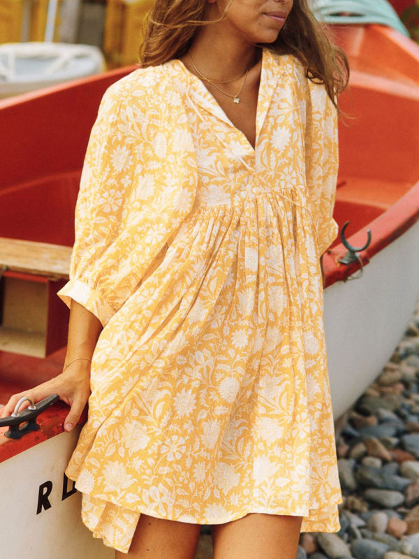 Floral Woven Loose Boho Dress – V-Neck with Lantern Sleeves & String Tie